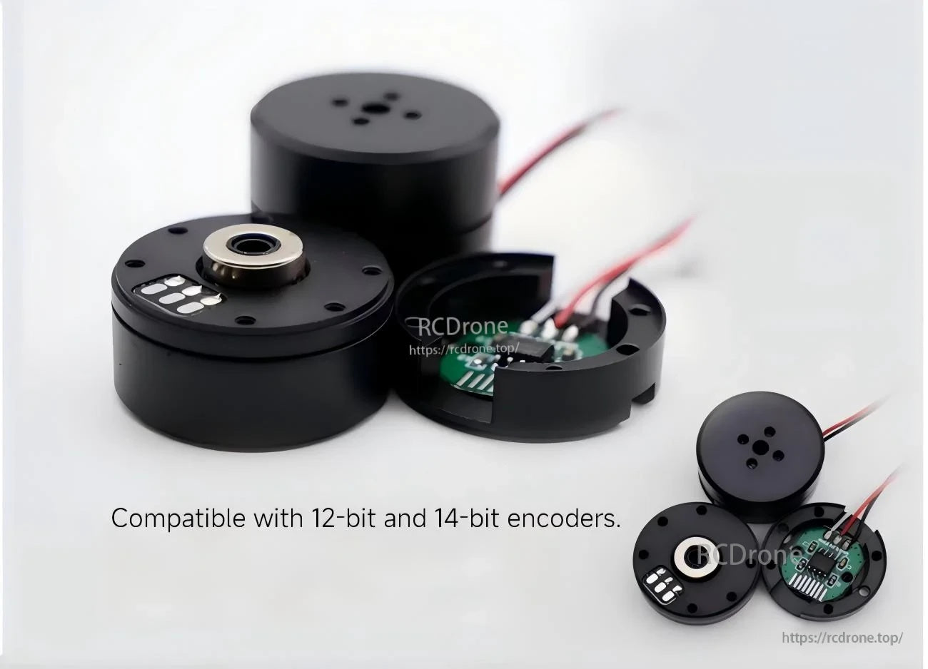 GB2205 motor with encoder parts and wiring, compatible with 12-bit/14-bit magnetic encoder options (AS5048A/AS5600)