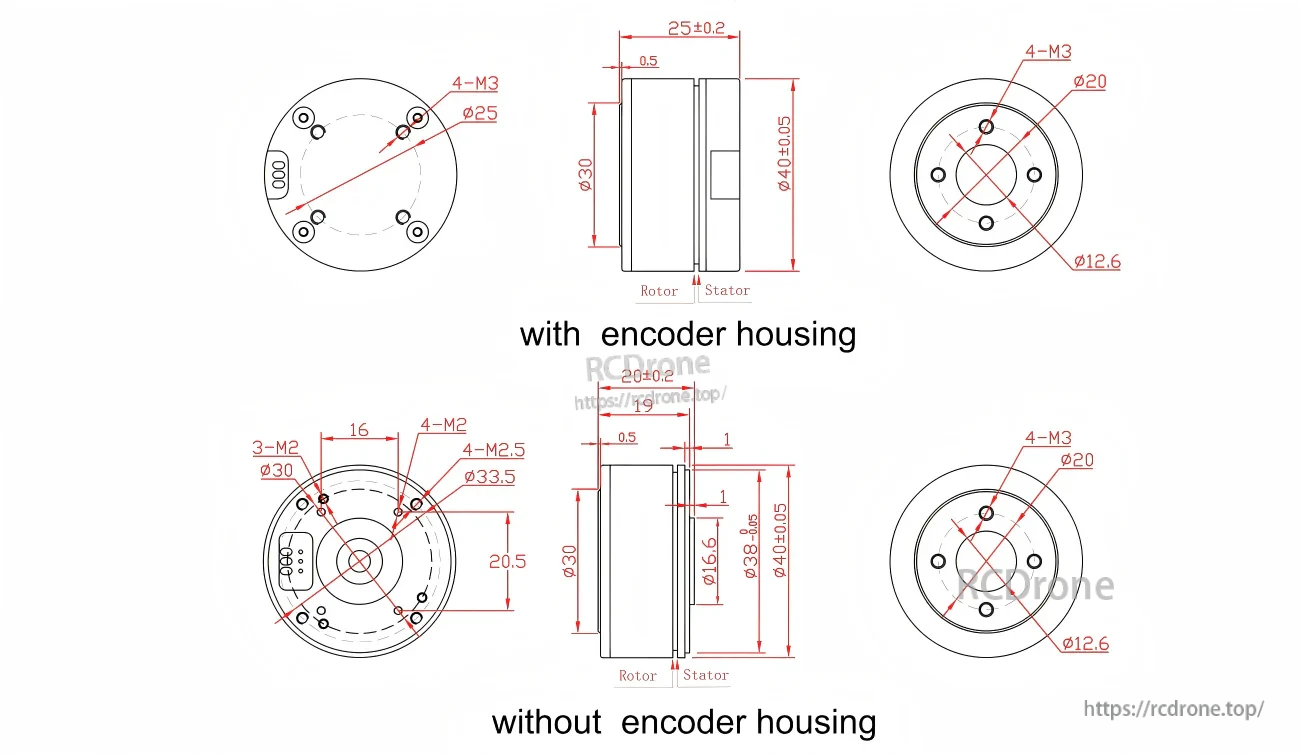 GB3510 motor mechanical drawing with and without encoder housing, showing mounting hole patterns and key dimensions