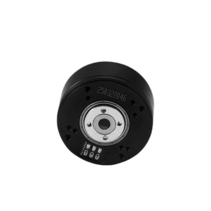 SteadyWin GB3510 motor top view with central shaft bore, mounting screw holes, and small encoder board