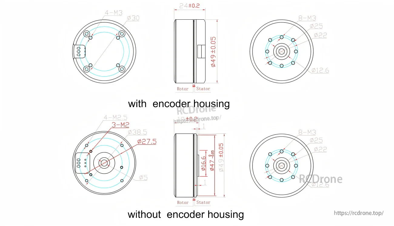 GB4310 mechanical dimension drawing with and without encoder housing, showing bolt circles and overall thickness