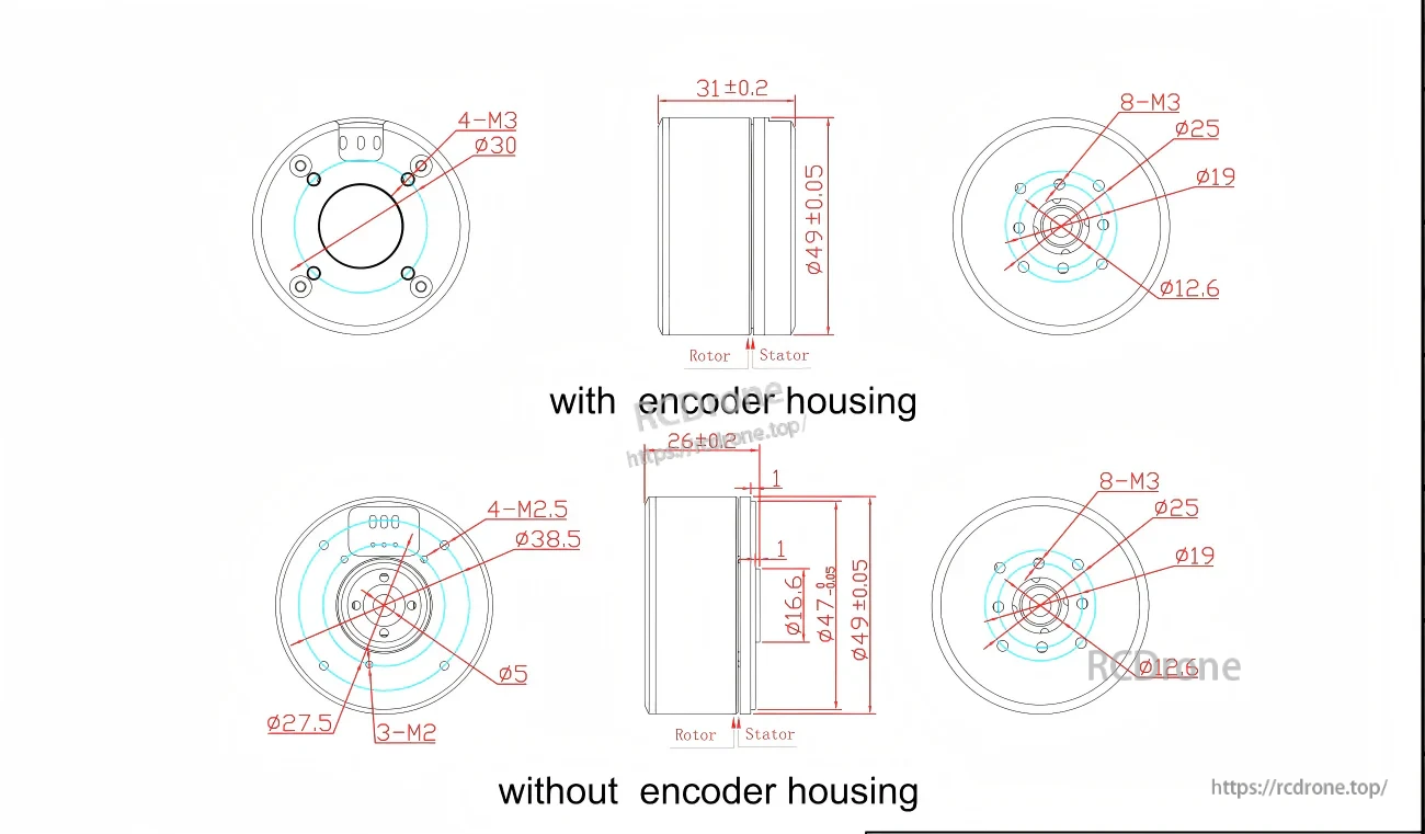 GB4315 motor mounting dimensions drawing, with and without encoder housing, Ø49 body and M3/M2.5 bolt patterns