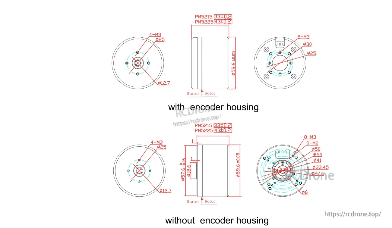 GB5225 installation dimensions drawing comparing versions with encoder housing vs without encoder housing, including bolt-circle patterns