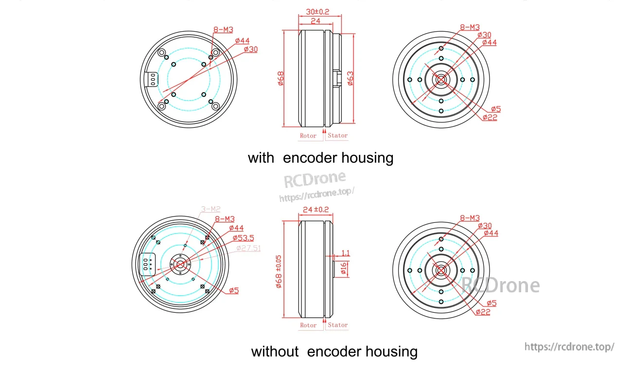 GB6010 motor dimension drawings with and without encoder housing, showing mounting hole patterns and key diameters