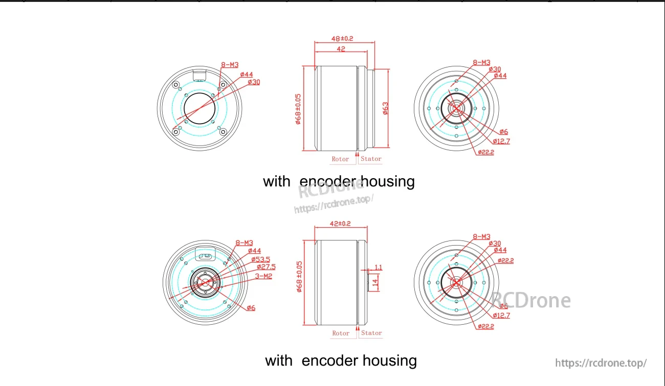 GB6025 motor outline drawing with encoder housing, dimensions for outer diameter, body length options, and hole patterns