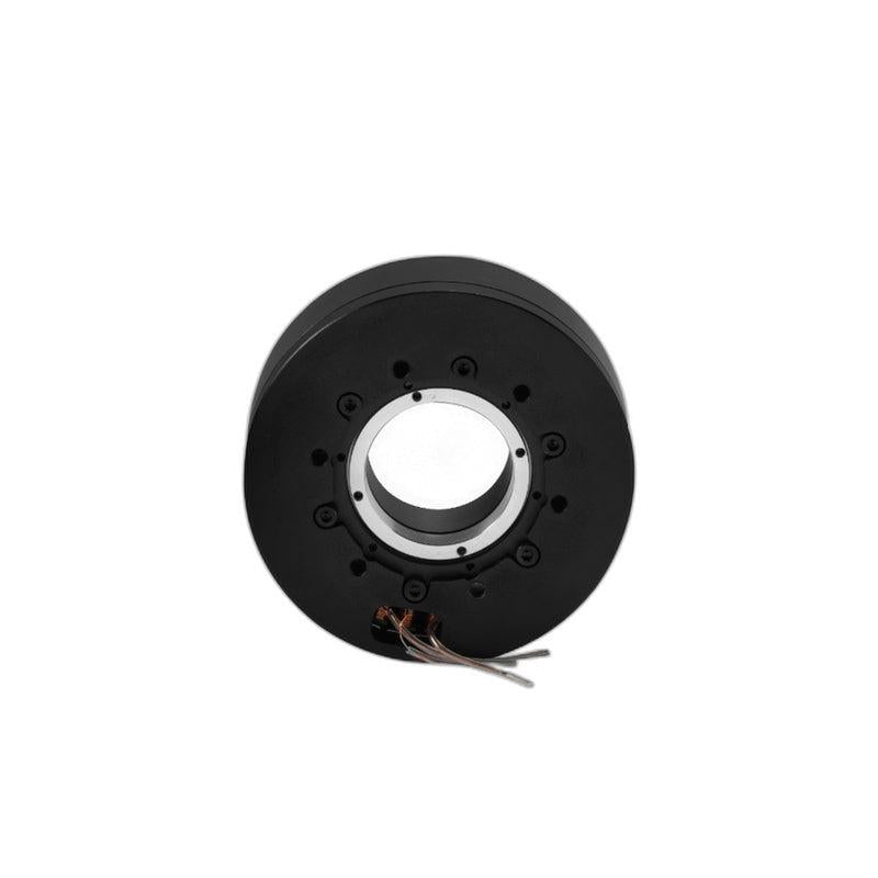 SteadyWin GB8115 motor front view, black pancake housing with hollow center bore and lead wires