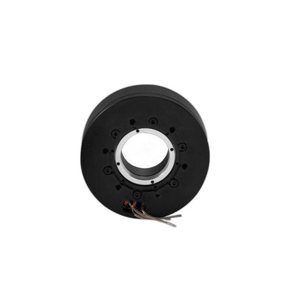 SteadyWin GB8115 motor front view, black pancake housing with hollow center bore and lead wires