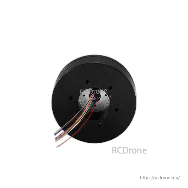 Rear view showing multicolor cable bundle exiting center, black round housing with bolt holes