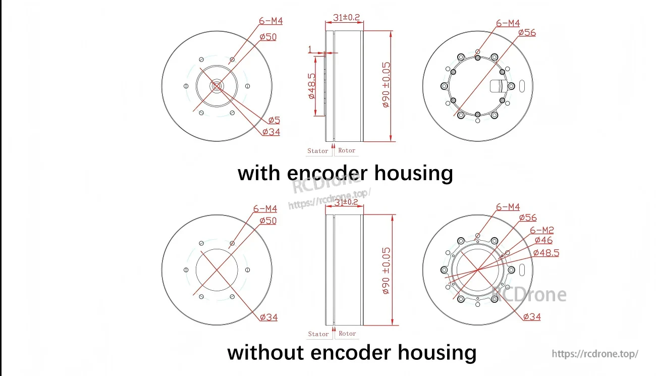 GB8115 motor dimension drawing with and without encoder housing, showing Ø90 body, 31 mm length, and 6-M4 mounting