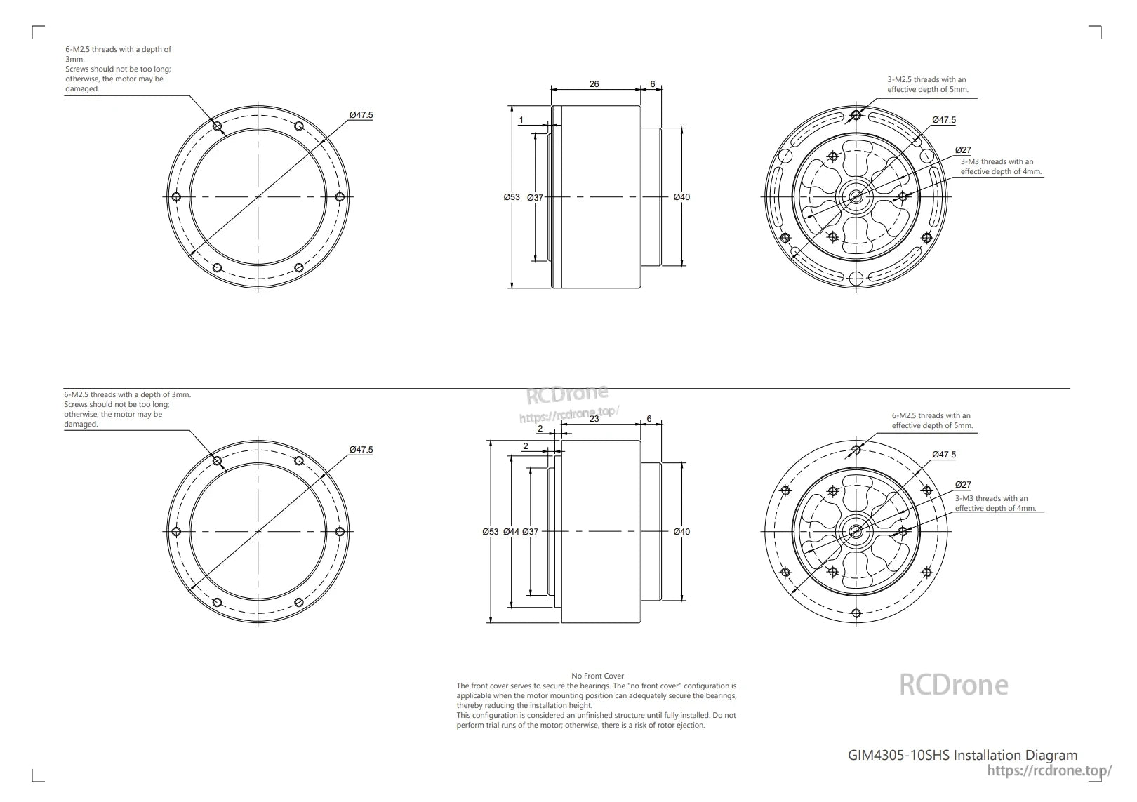 SteadyWin GIM4305 Motor, GIM4305-10SHS motor installation diagram shows dimensions, thread specs, screw warnings, and cover configurations.