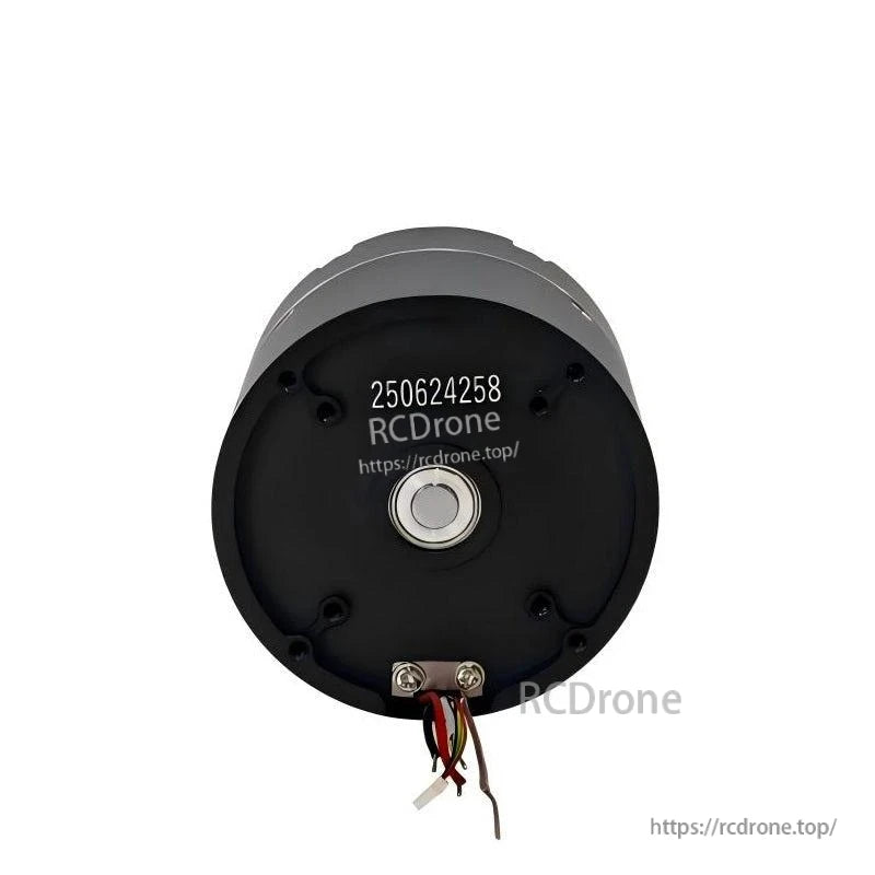 Rear view of motor showing back cover, central cap, and wire leads exiting from the bottom