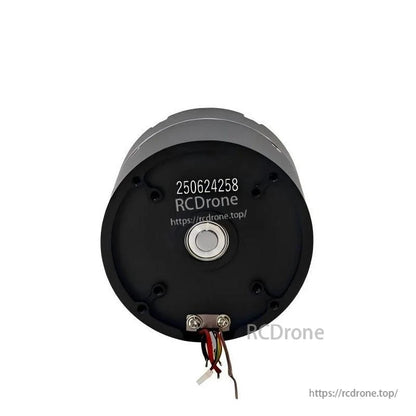 Rear view of motor showing back cover, central cap, and wire leads exiting from the bottom