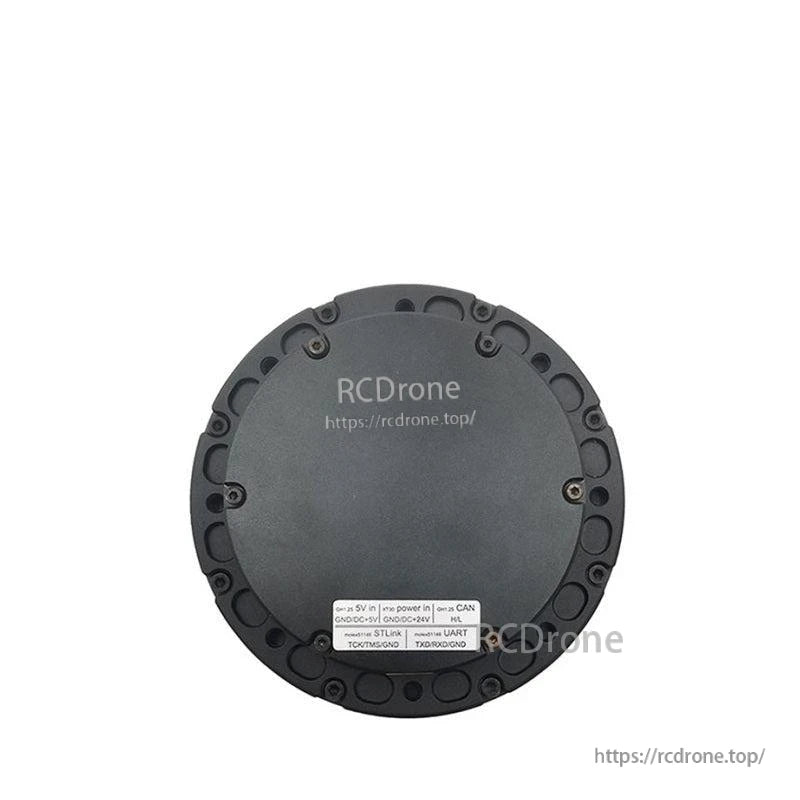 SteadyWin GIM8108-6 Planetary Reducer Robot Motor, Circular black device with power, CAN, STLink, UART ports; labeled 5V/24V inputs and mounting holes.