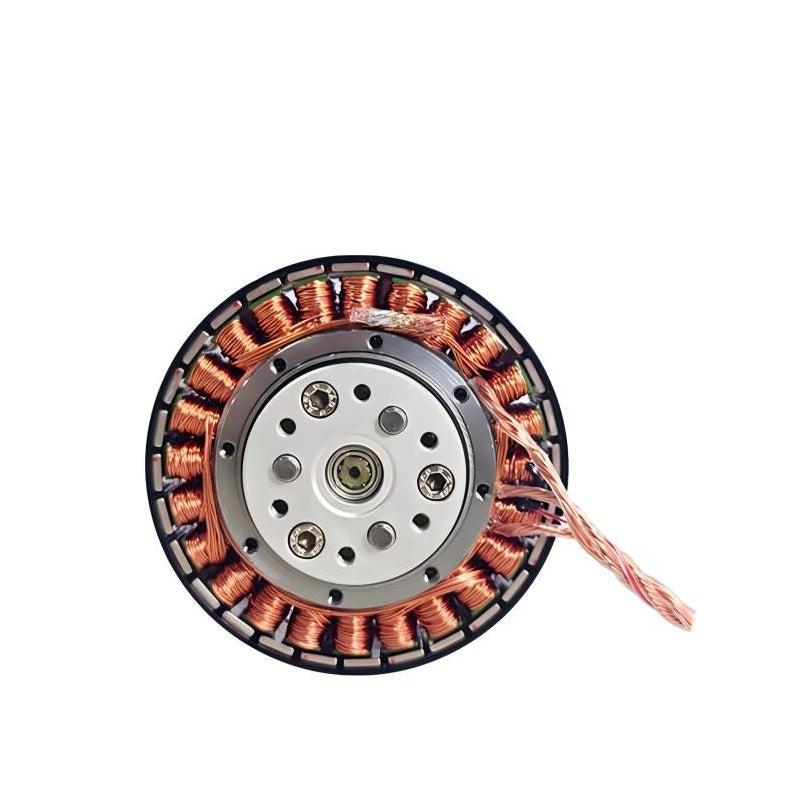 SteadyWin GWK6010-8 geared motor close-up, top view of copper windings and mounting plate with wire leads