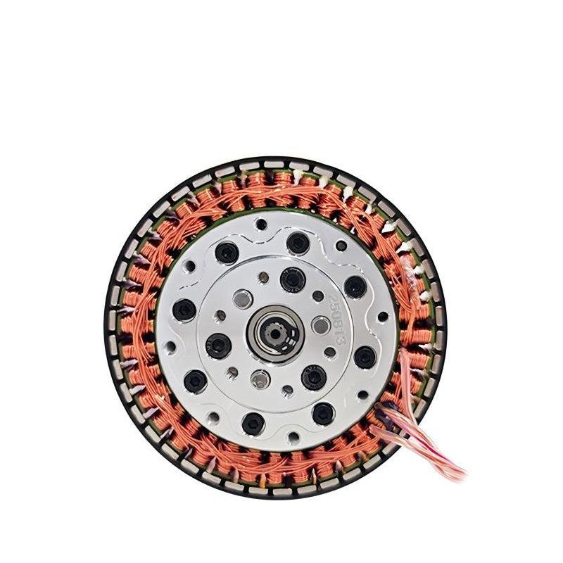 SteadyWin GWK7010-8 motor close-up, front face with copper windings and mounting plate