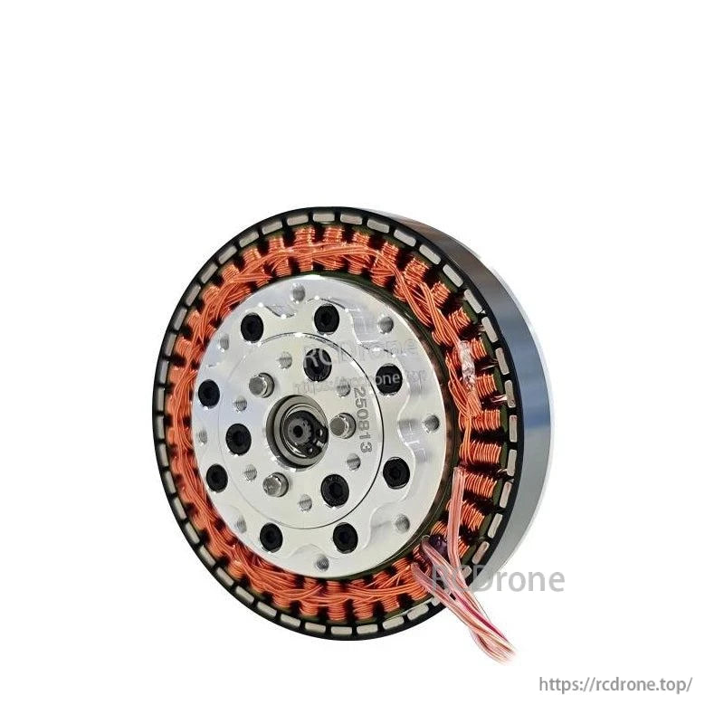 SteadyWin GWK7010-8 motor front plate at angle, showing shaft opening and wire leads