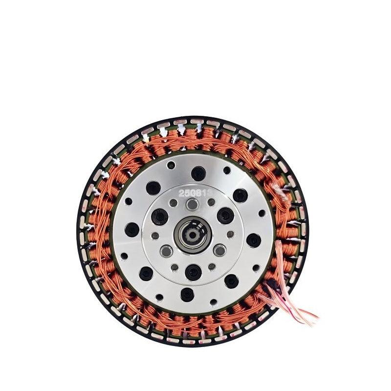 Rear face of motor with mounting plate, central shaft opening, and multi-wire lead exiting at edge
