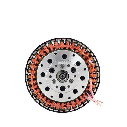 Rear face of motor with mounting plate, central shaft opening, and multi-wire lead exiting at edge
