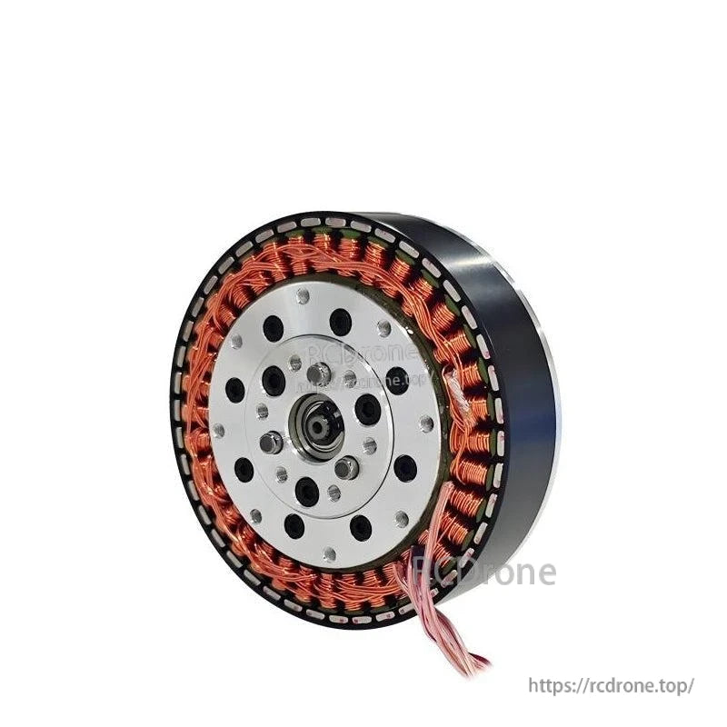 Angled rear view of outrunner motor showing mounting plate, copper windings, and black outer housing