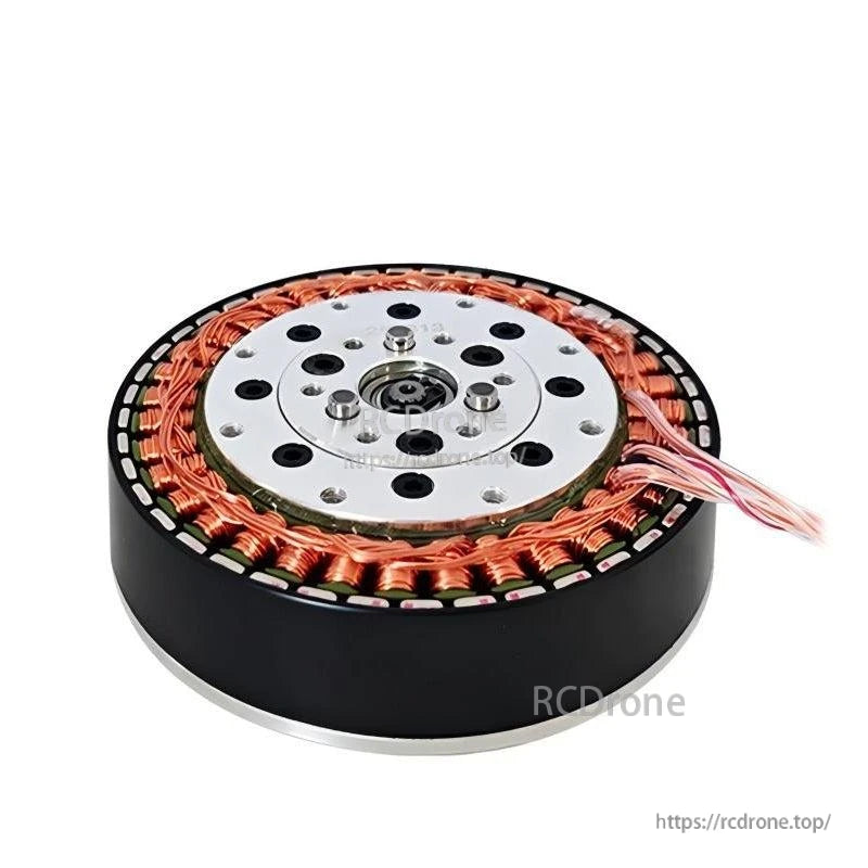Low side profile of motor highlighting black outer casing, copper windings, and wire lead bundle