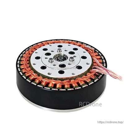 Low side profile of motor highlighting black outer casing, copper windings, and wire lead bundle