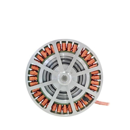 Rear view of motor showing aluminum spoke-style cover, center hub, and exposed copper windings