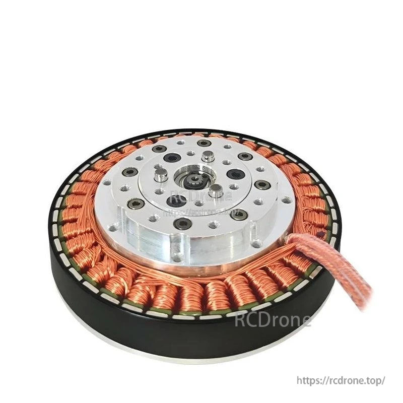 Angled view of motor mounting face, copper windings, and braided power lead exiting the housing
