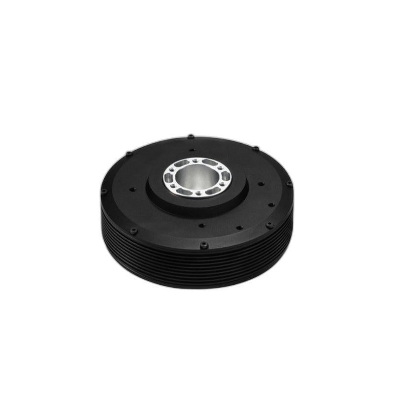 Angled view showing PM100 motor thickness and ribbed outer casing with center hub