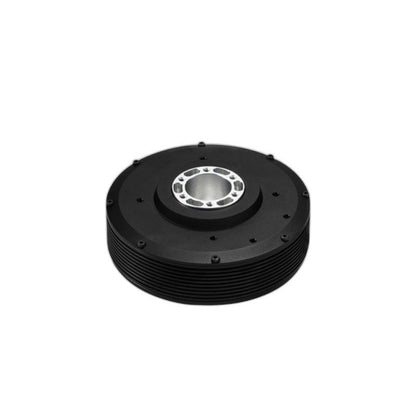 Angled view showing PM100 motor thickness and ribbed outer casing with center hub