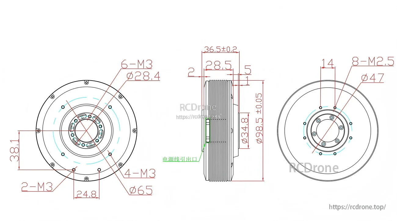SteadyWin PM100 24V motor mounting dimensions and hole patterns (Ø98.5 mm body, M3/M2.5 bolt circles)