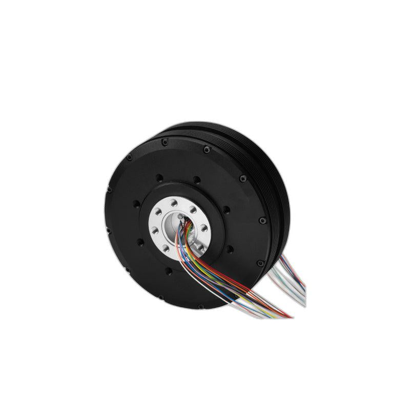 SteadyWin PM120 motor rear face with multi-color wire harness exiting center opening