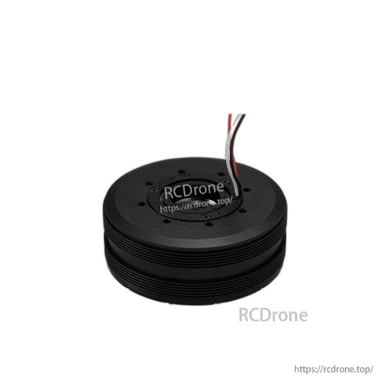 Low-angle side view of finned motor housing with two-wire lead coming from top