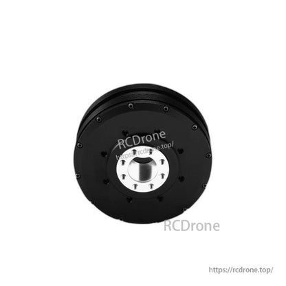 Motor face view showing threaded center hub and mounting screw pattern on black housing