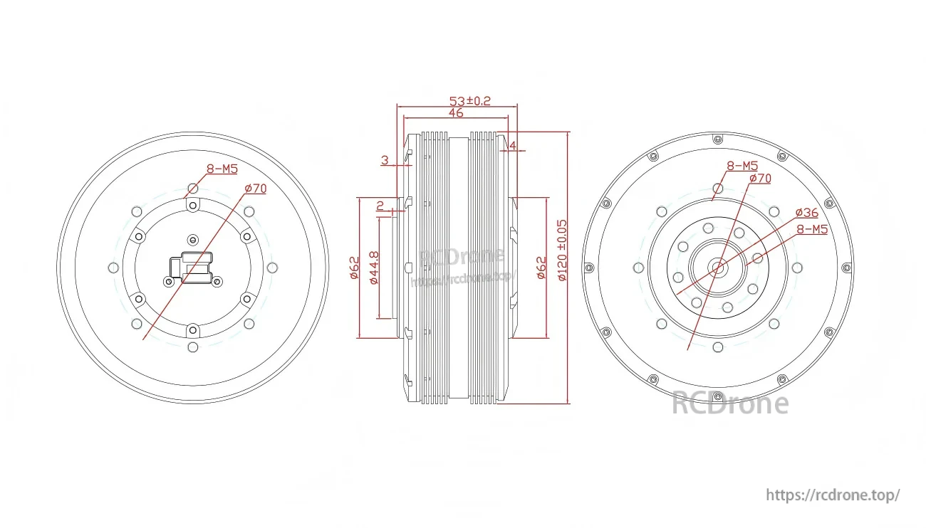 SteadyWin PM120 motor installation drawing with Ø120 mm body, 8×M5 mounting holes and PCD Ø70/Ø36