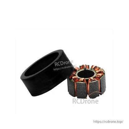Package contents view: black motor housing ring and copper-wound stator core shown separately