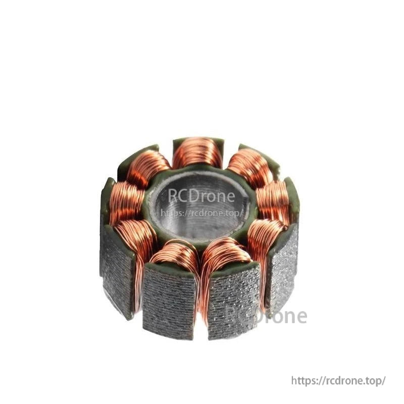 Top view of copper-wound stator core with laminated iron teeth and center bore