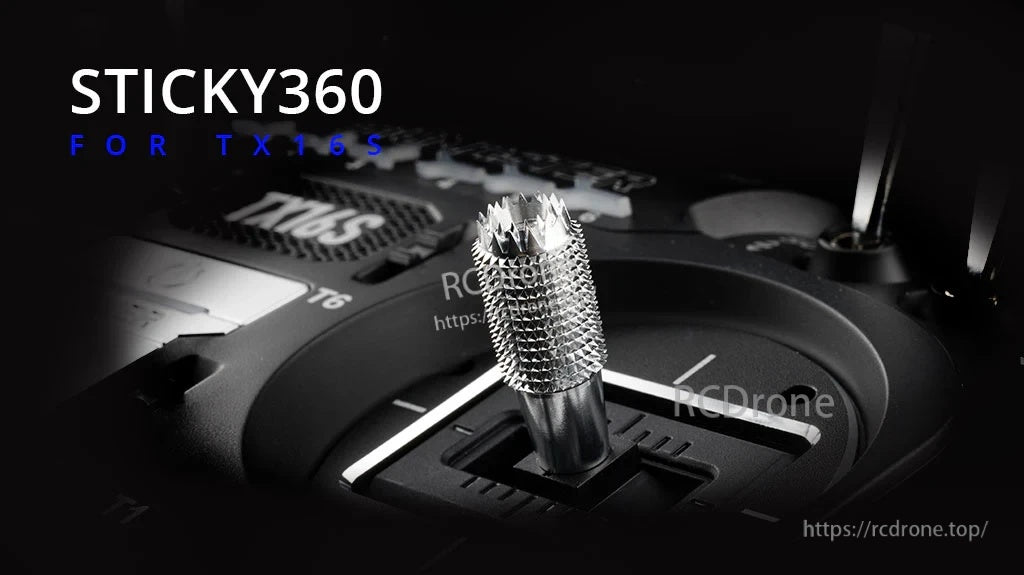 Sticky360 gimbal stick installed on RadioMaster TX16S, tall knurled aluminum stick end