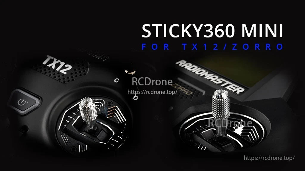 Sticky360 Mini stick ends on TX12 and Zorro transmitters, compact knurled grip for smaller gimbals