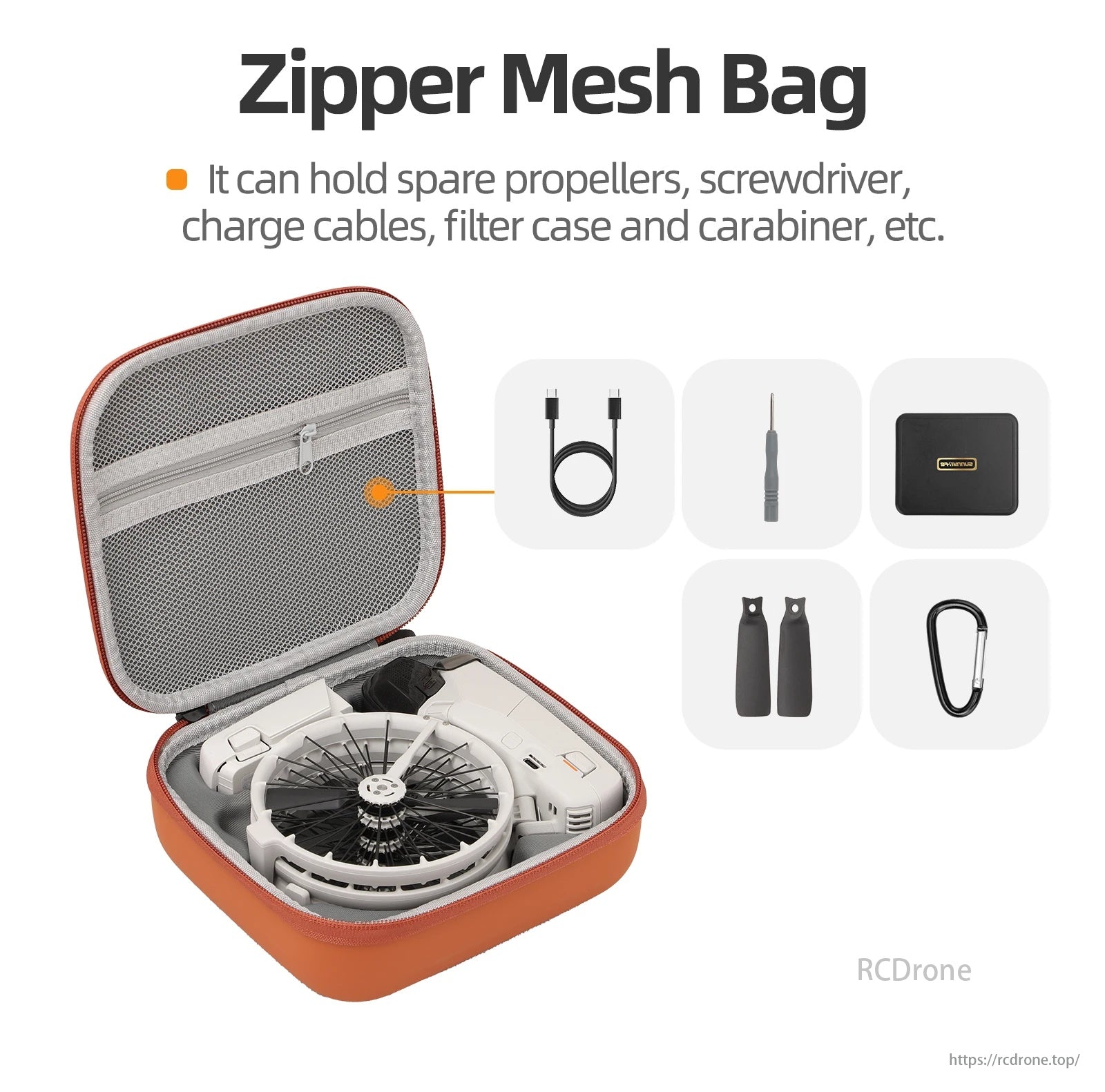 Storage Bag, Zipper Mesh Bag stores propellers, screwdriver, cables, filter case, carabiner efficiently.