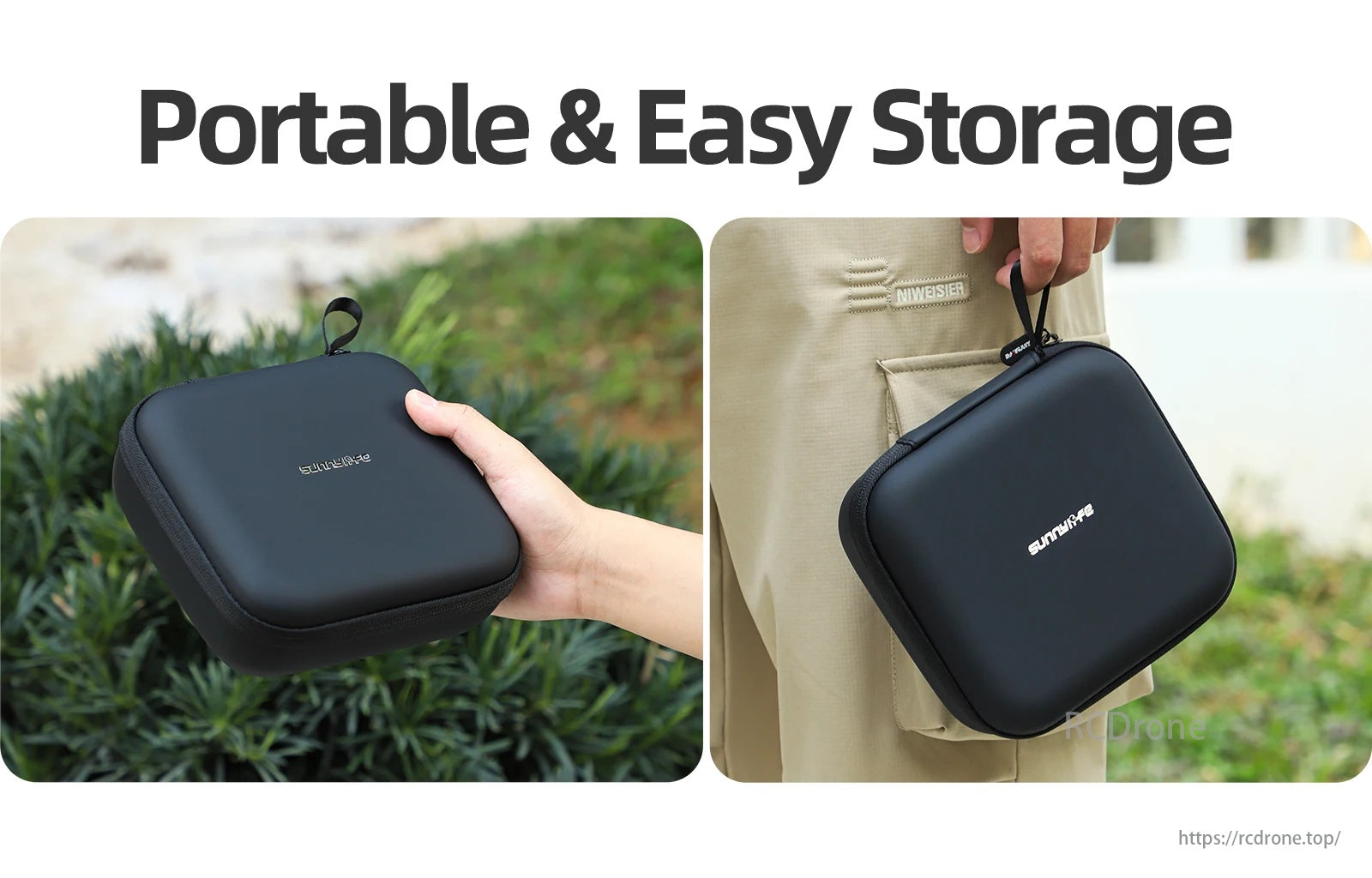 Storage Bag, Portable & Easy Storage, black case with strap, fits in pocket.