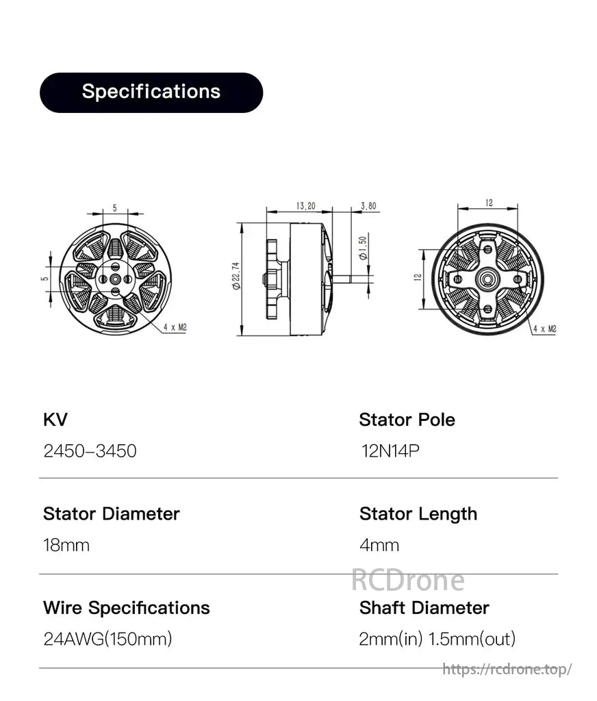 Sub250 brushless motor features: KV 2450-3450, 12N14P stator, 18mm diameter, 4mm length, 24AWG wire, 2mm/1.5mm shaft diameters.