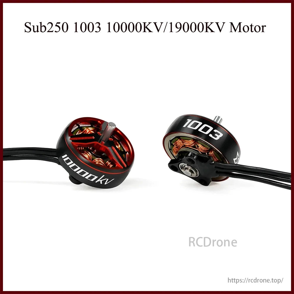 Sub250 1003 motors, available in 10000KV/19000KV, are designed for 1.6–2-inch toothpick and whoop drones.
