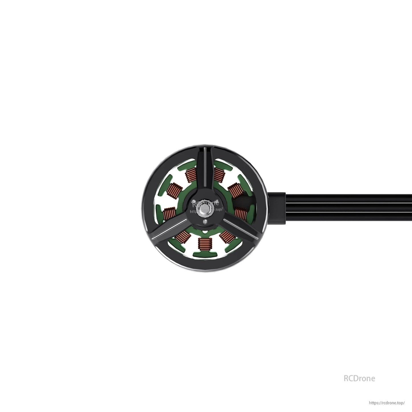 Straight-on view of motor top showing tri-spoke rotor cap, center shaft, and copper coils