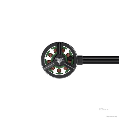 Straight-on view of motor top showing tri-spoke rotor cap, center shaft, and copper coils