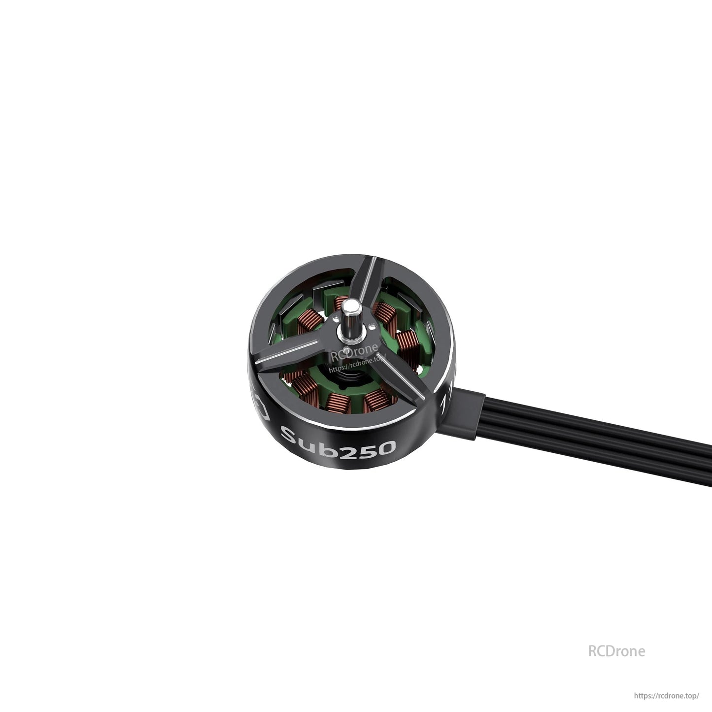 Top view close-up of motor rotor and stator windings with Sub250 branding and wire lead