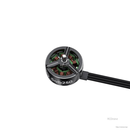 Top view close-up of motor rotor and stator windings with Sub250 branding and wire lead
