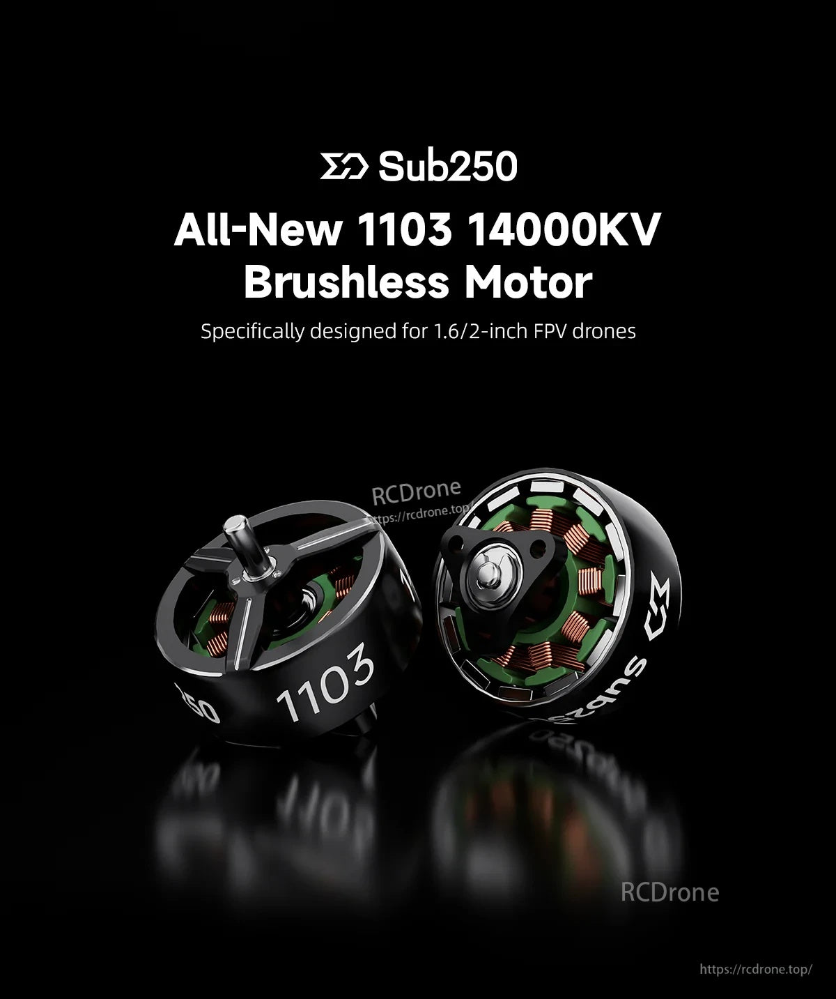 Sub250 1103 14000KV brushless motor set for 1.6/2-inch FPV drones, front and cutaway view