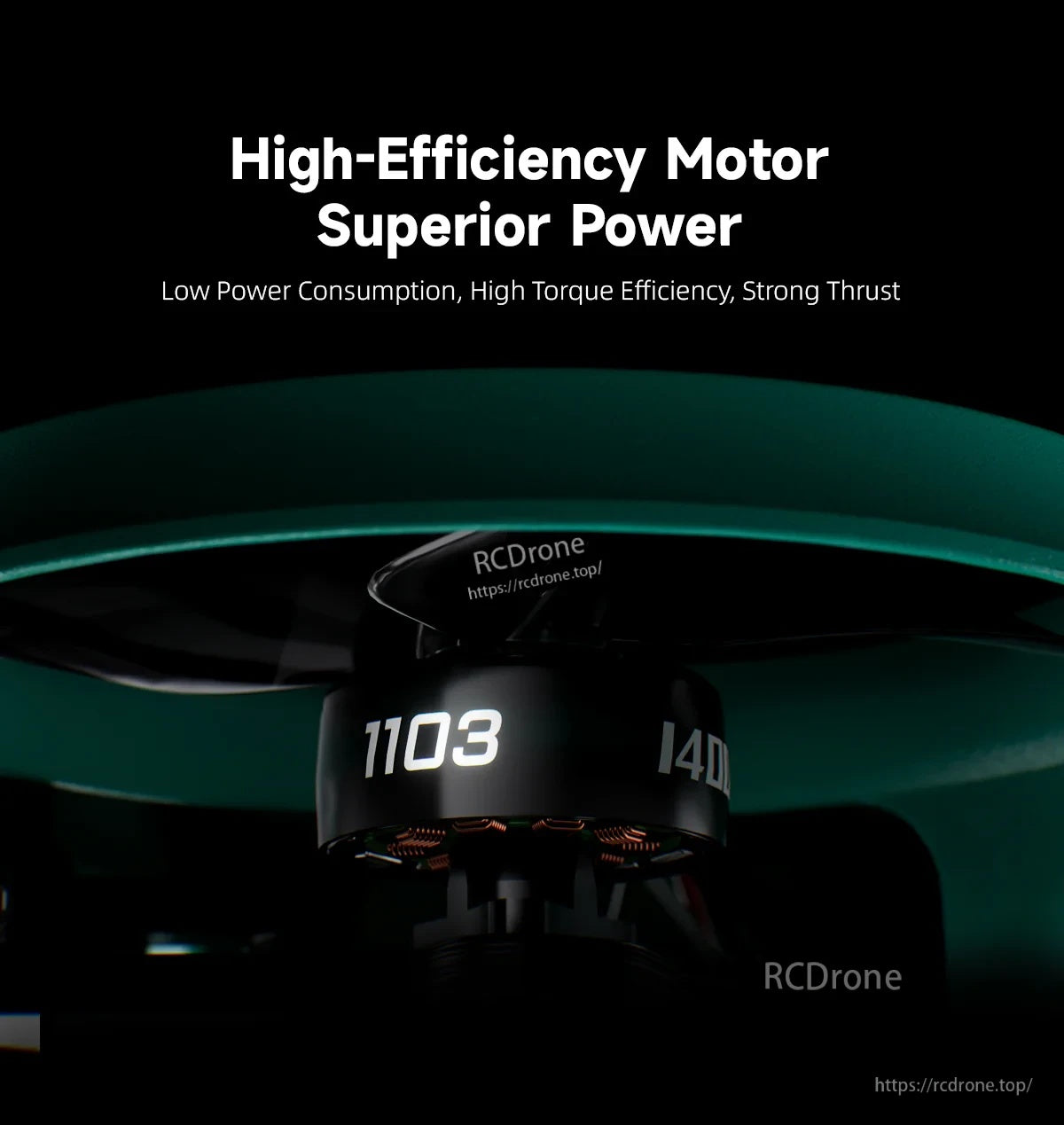 1103 micro brushless motor mounted under a small FPV prop guard, highlighting high-efficiency power