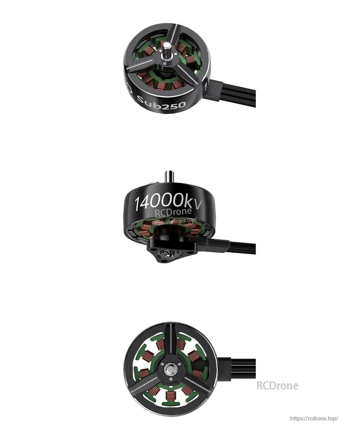 Close-up angles of the 14000KV motor showing top, side label, and bottom stator windings
