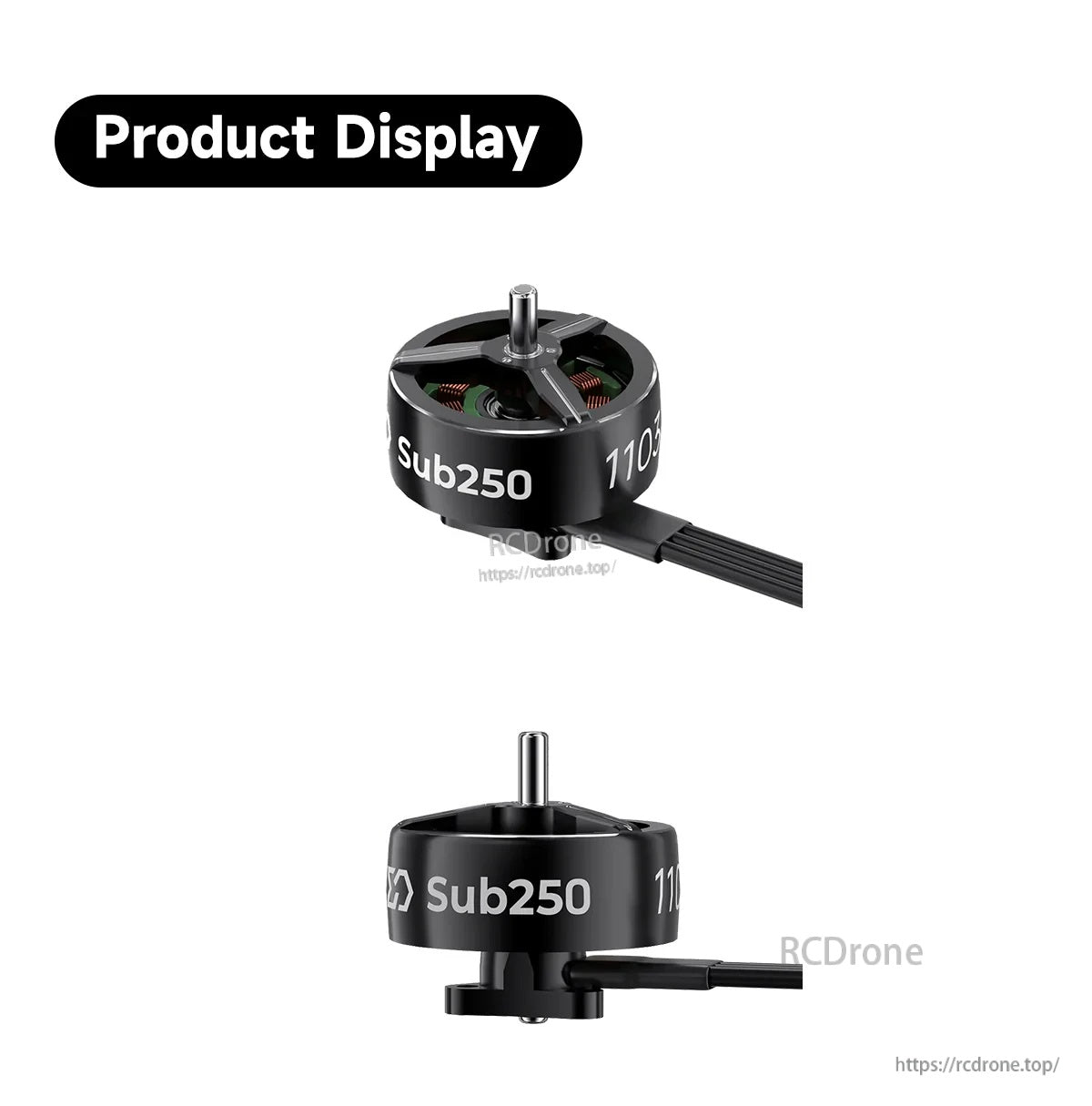 Sub250 1103 brushless motor product display with side and top angles plus silicone wire lead