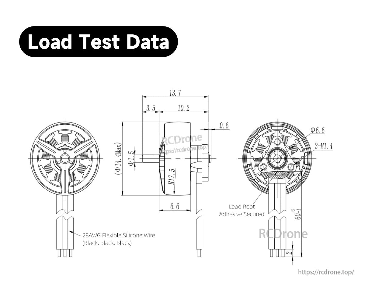 1103 motor mounting and dimensions drawing with 3x M1.4 pattern, 1.5 mm shaft and wire notes